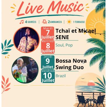 Rendez-vous à partir de 19h, le soir sur la terrasse du restaurant du Domaine du Loup pour les soirée LIVE MUSIC. Cette semaine du mardi 7 au vendredi 10 juillet 2026.