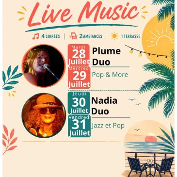 Rendez-vous à partir de 19h, le soir sur la terrasse du restaurant du Domaine du Loup du mardi au vendredi pour les soirée LIVE MUSIC.