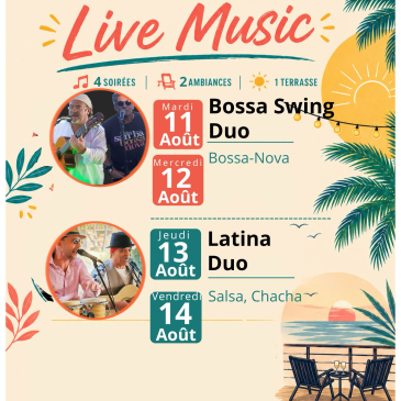 Rendez-vous à partir de 19h, le soir sur la terrasse du restaurant du Domaine du Loup du mardi 11 au vendredi 14 août pour les soirée LIVE MUSIC.